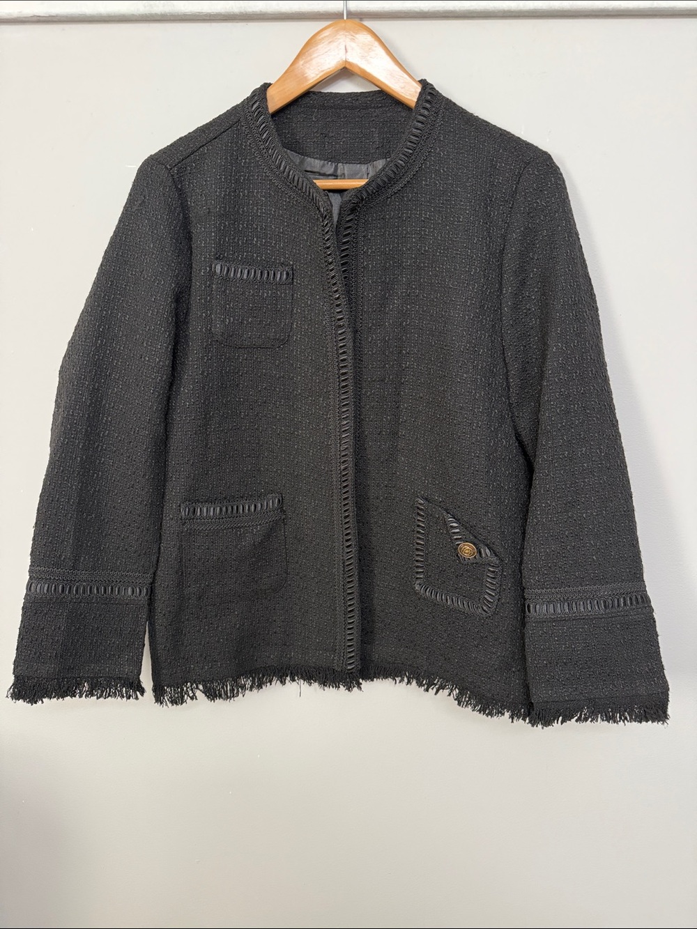Women's Black Tweed Boxy Jacket with Fringe Trim